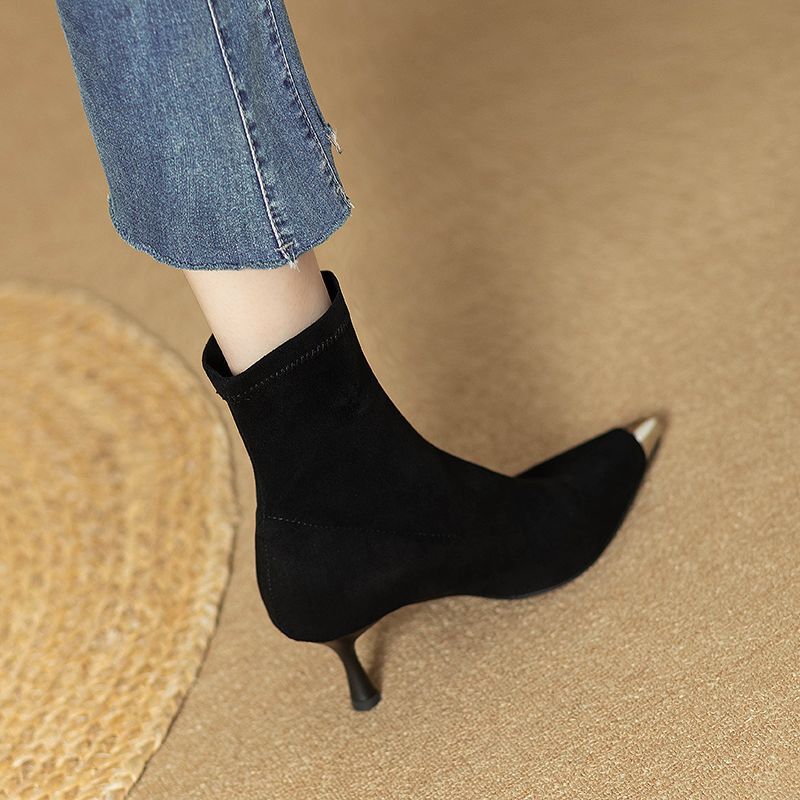 Pointed Toe Short Boots for Women, French Metal Toe Sleeves, Stiletto Heels, Slim Boots, New Style High Heels, Suede New Boots