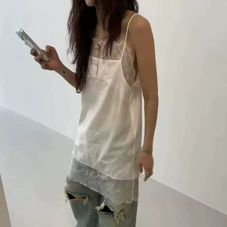 现货2026春季新款韩国东大门叠穿蕾丝拼接中长款白色吊带裙连衣裙