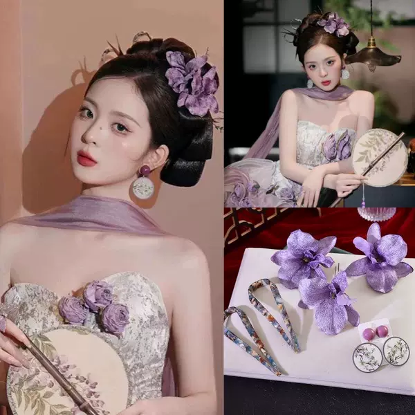 New Chinese-Style Purple Hair Accessories for Brides, Runaway Princess Bridal Earrings, Headpieces for Dress Photoshoots, Artificial Flower Headpieces