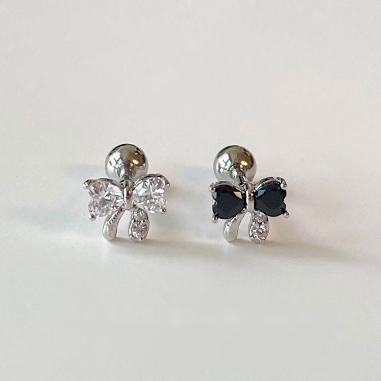 S Pure Silver Korean Earbone Black White Zircon Bow Knot Simple Twisted Screw Cochlear Nail Small and Exquisite Earrings_voghion.com