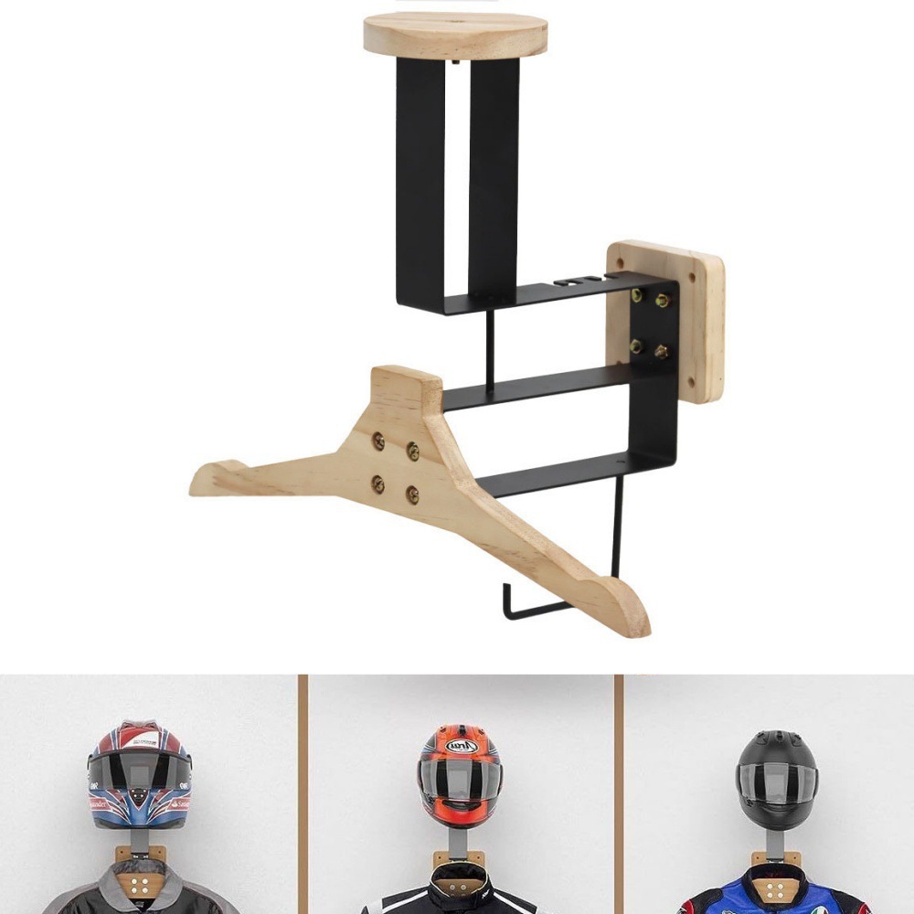 Wall-mounted solid wood and iron helmet rack, tactical vest storage rack, motorcycle riding gear display rack wholesale