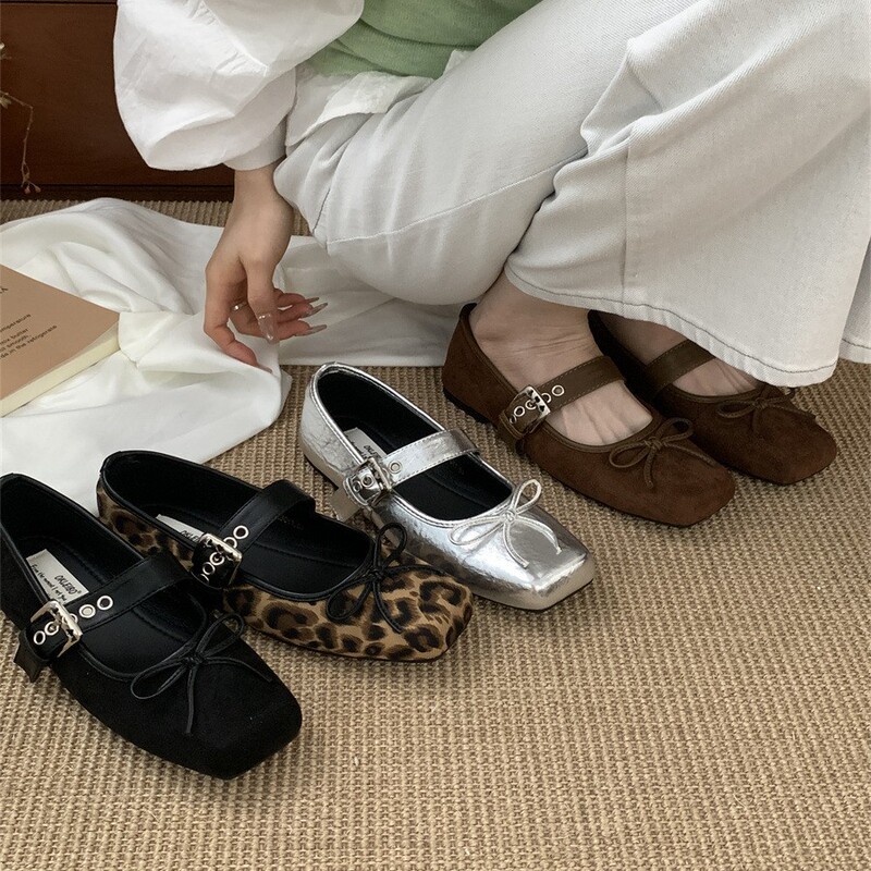 Trendy New French Leopard Print Single Shoes with Buckle 2025 Mary Square Toe Bow Soft Sole Non-Slip Loafers for Women
