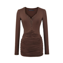 736-欧美风辣妹性感蕾丝长袖连衣裙女2025新款V领收腰修身包臀裙