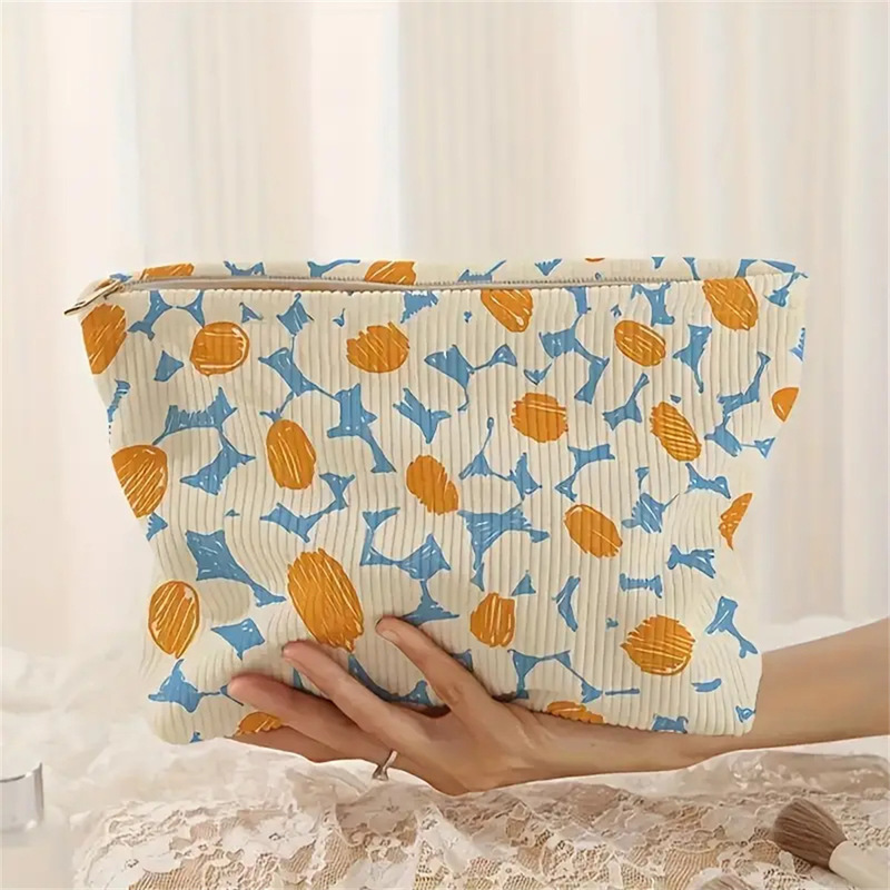 Temu Amazon Shein Hand-Painted Colorfulful Floral Pattern Corduroy Zipper Storage Bag Lightweight Cosmetic Bag