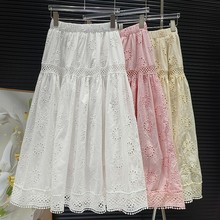 2023秋新款松紧腰韩版气质a字长裙白色蕾丝花边镂空仙女半身裙女