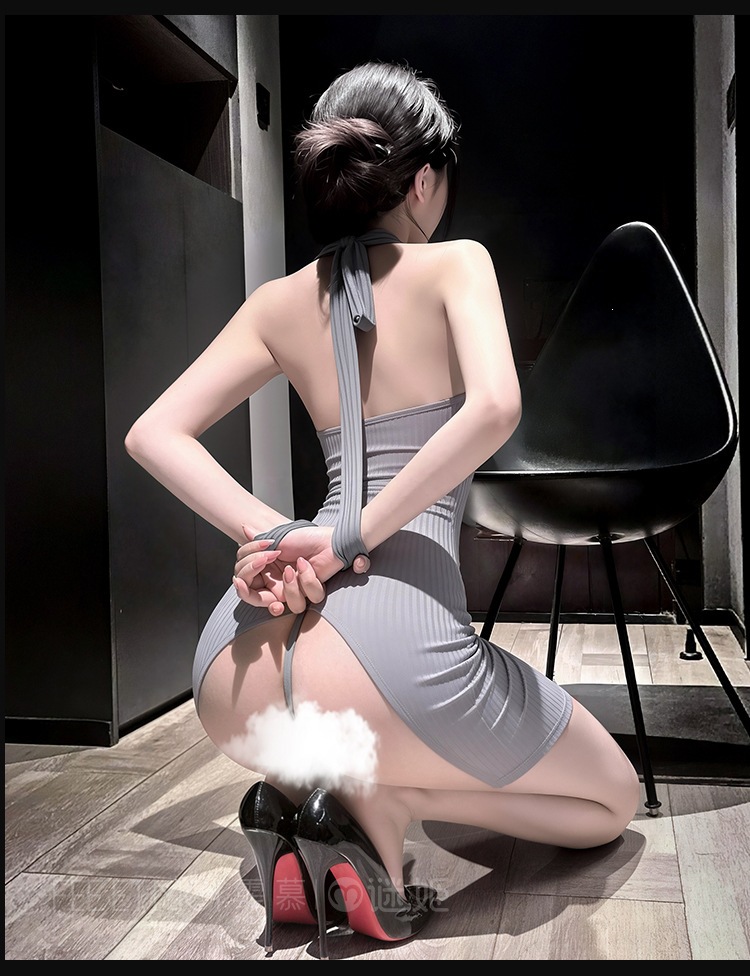 Feimu & Miji No-Wash Halter Off-Shoulder Slit Dress 6502 with Thong, Grey Knit, One Size — detail image 20