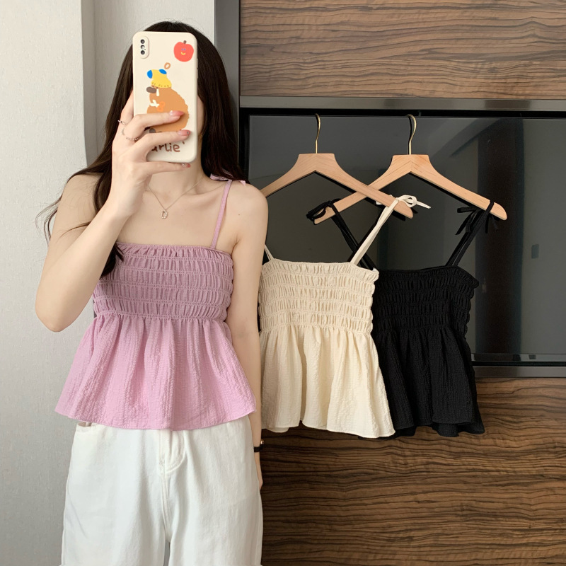 欧美夏季甜美海边小吊带背心女内搭夏季外穿显瘦短款蓝色抹胸上衣