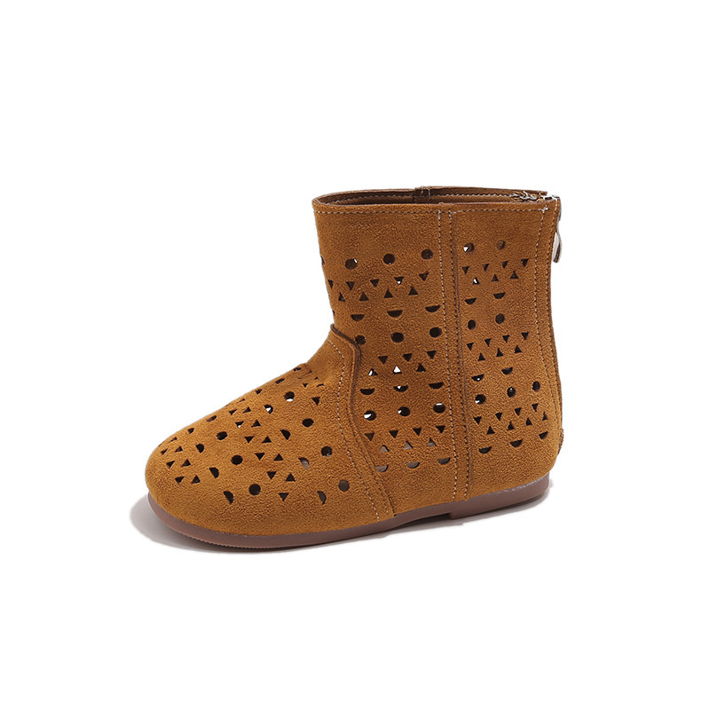 Botas de cano curto vazadas e respiráveis para meninas, sandálias de verão com cadarço e sola grossa, design fofo de princesa com recortes em amarelo e marrom._voghion.com