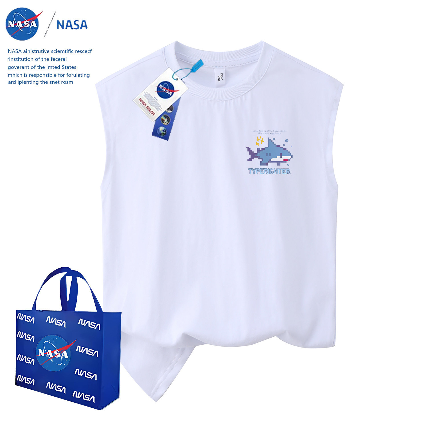 NASA Summer Kids Sleeveless Vest, Unisex Cartoon Shark Print Outerwear Sports T-Shirt