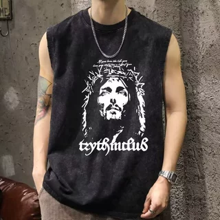 外贸夏季美式复古潮流痞帅男背心牛奶丝做旧速干宽松透气印花上衣