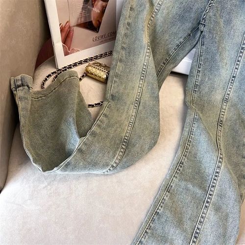 Lady's High-Waist Flared Denim Jeans with Spring Hong Kong Style Design, Slimming and Floor-Length Bell Bottom Pants for Trendy Women