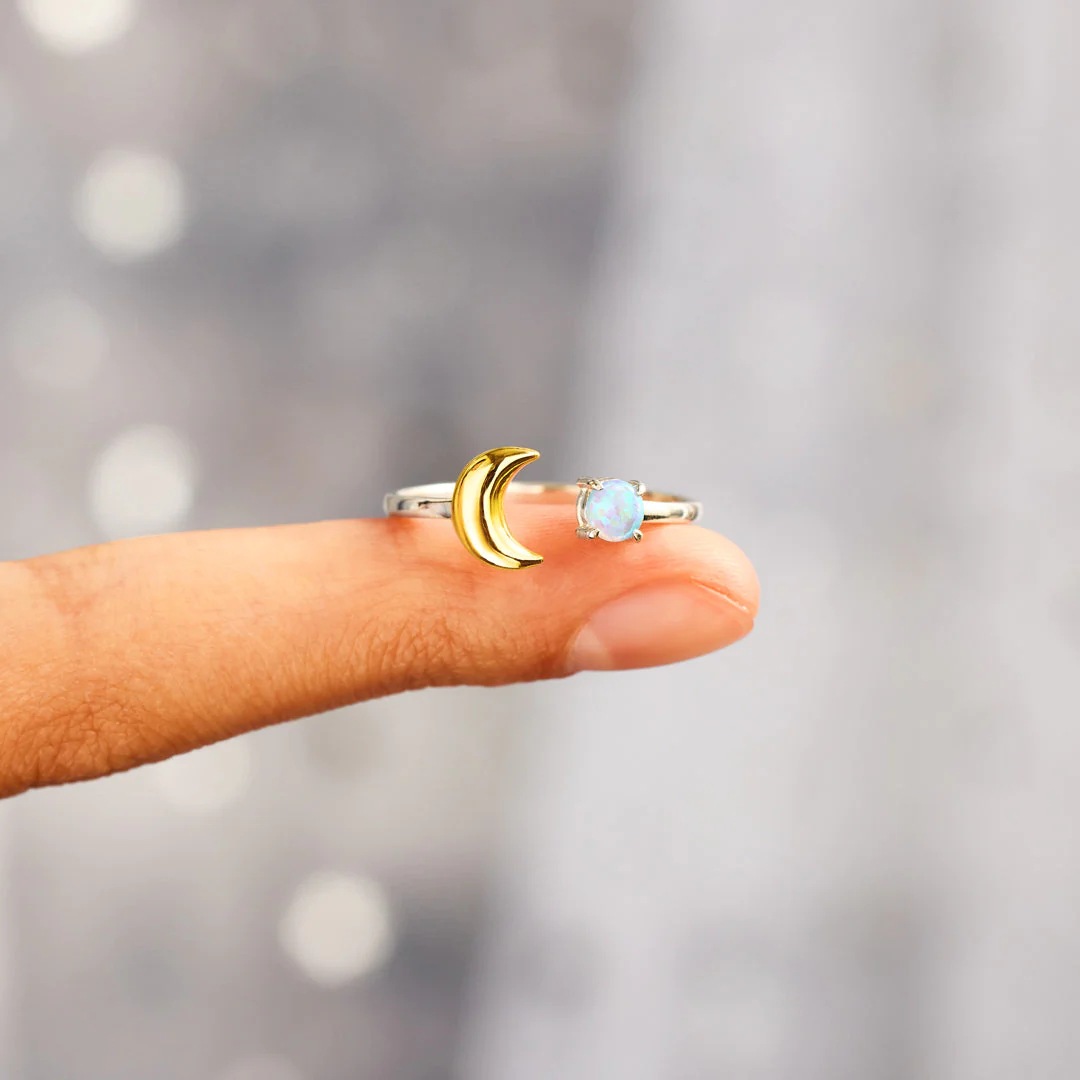 Plating, Inlay Design 925 Sterling Silver Artificial Gemstones Moon Open Rings