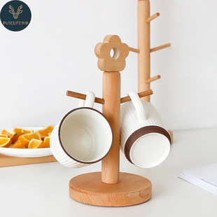 Japanese Style Kitchen Beech Small Flower Cup Holder Household Wooden Upside Down Mug Cup Holder Key Jewelry Storage Rack