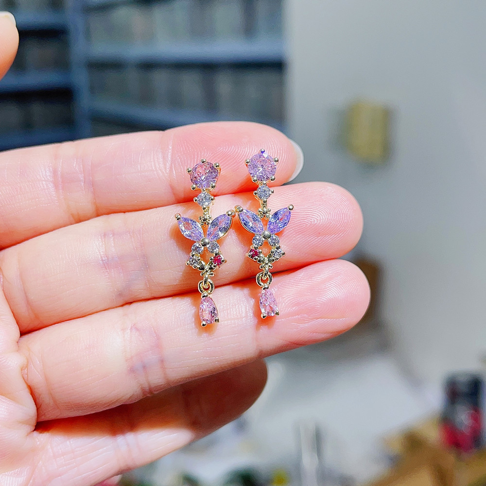 9g Weight Zircon Inlay Material Fashion Butterfly Copper Inlay Zircon Drop Earrings 1 Pair
