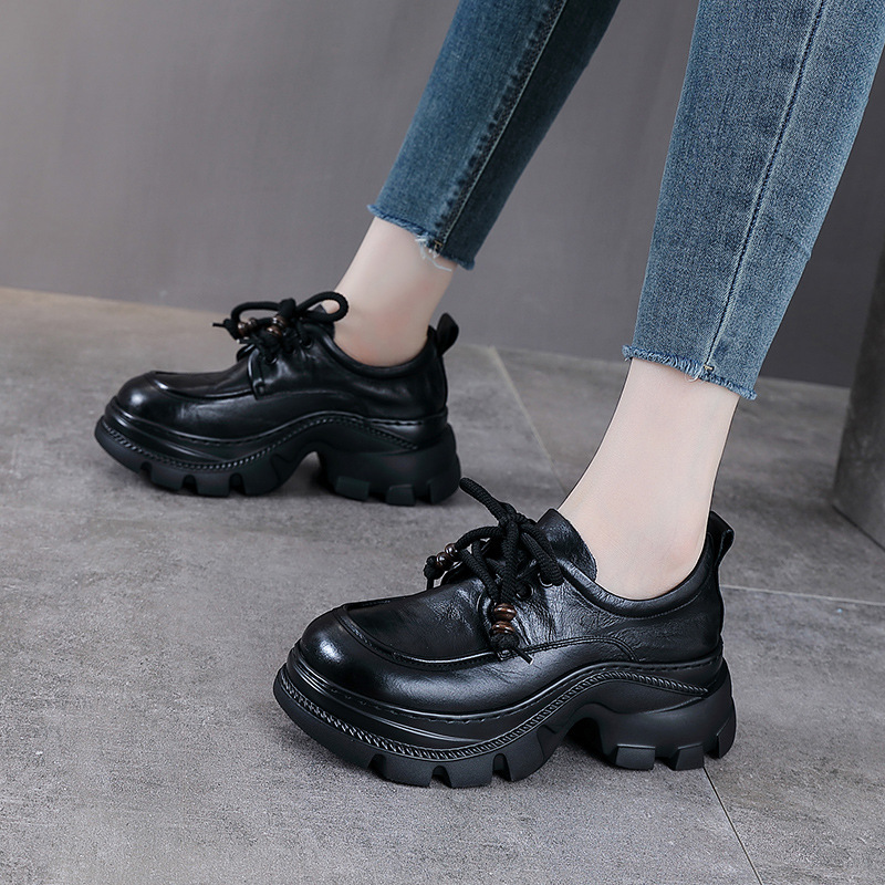 Spring and Autumn New Style First-Layer Cowhide British Style Round-Toe Lace-Up Thick-Soled Women's Casual Shoes Retro Genuine Leather Loafers Spring and Autumn New Style First-Layer Cowhide British Style Round-Toe Lace-Up Thick-Soled Women's Casual Shoes Retro Genuine Leather Loafers