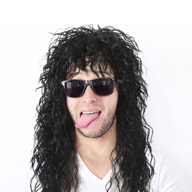 80S Men's Wig Punk Rock Wig Long Curly Hair Unisex Fluffy Heavy Metal Rocker Wig