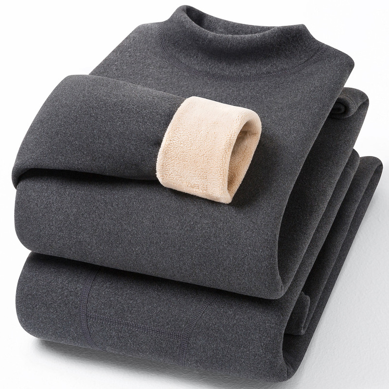 [relose Velvet] Autumn and Winter Warm Intimates Half Turtleneck Men's and Women's Suits Fleece-lined and Thickeneded Cold-proof Autumn Clothes and Long Trousers