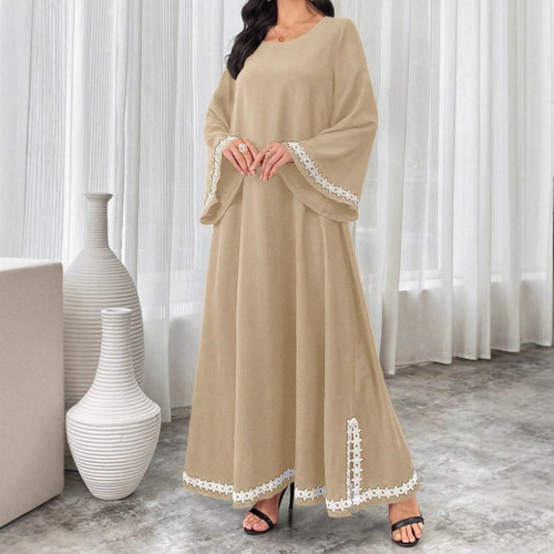 Middle Eastern-style hot-selling patchwork white lace V-neck split maxi dress