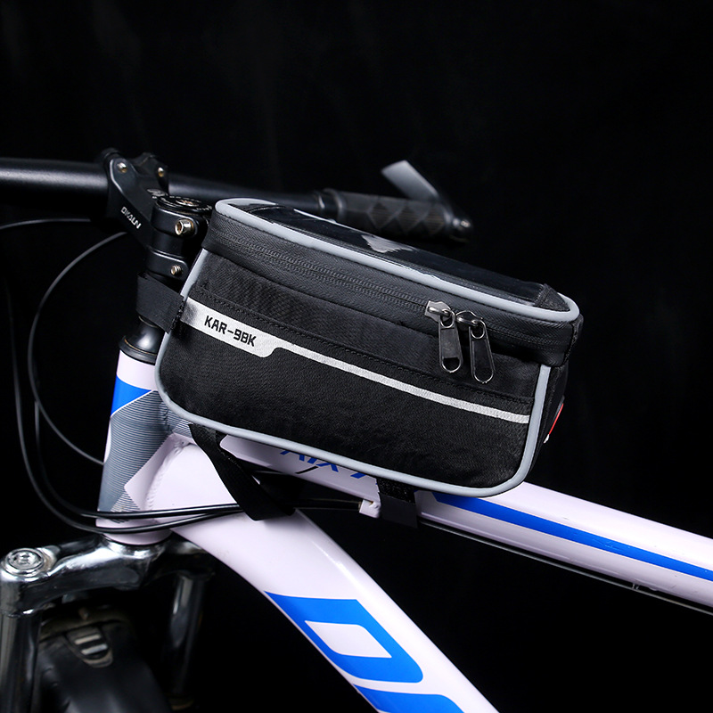 Verano nueva bicicleta de pantalla táctil bolsa de teléfono móvil negro bicicleta de montaña bolsa de sillín haz frontal bolsa de ciclismo al por mayor fabricante