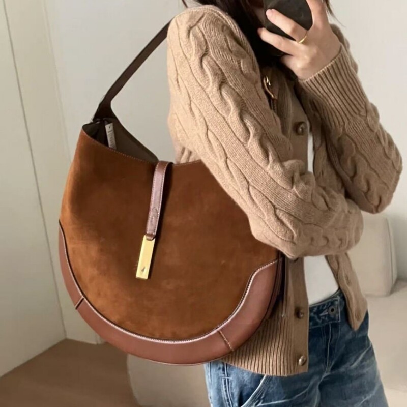 Raff's High-End Suede Underarm Tote Bag, Vintage Handbag, Large Capacity Genuine Leather Crescent Bag, Croissant Bag