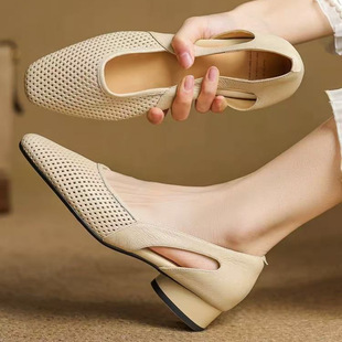 Wholesale Small Foreign Trade Orders of Shallow Hollow Square-Toed French Non-Slip Mid-Heel Single Shoes, Summer Low-Heel Chunky Heel Closed-Toe Retro