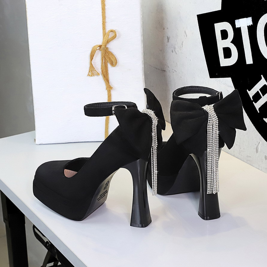 8322-H66M French style black banquet round toe super high heels waterproof platform women's shoes with butterfly bow and rhinestone sole at the back