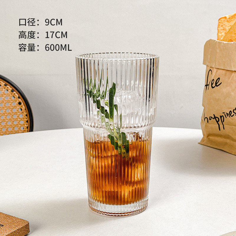 高颜値蓋付きストロー付き縦紋ガラスカップ大容量カップ夏氷コーヒーカップラテ飲料カップ|undefined