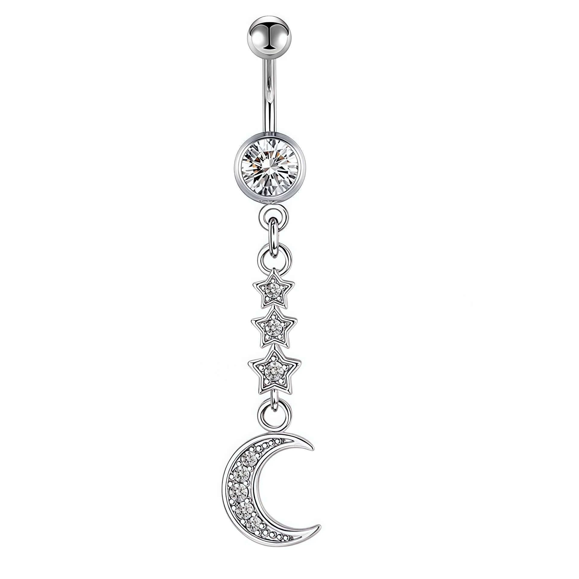 Bijou de piercing nombril tendance en acier inoxydable avec zircon étoile et lune, simple et élégant, facile à porter._voghion.com
