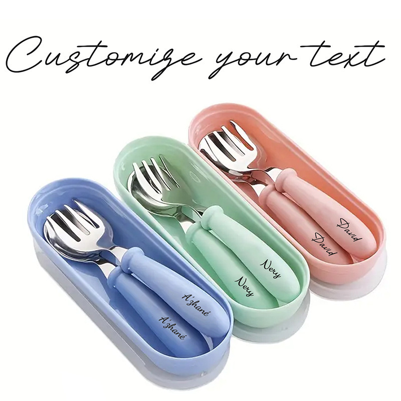 Cross-border hot selling name custom stainless steel children's baby short handle tableware set spoon fork box three-piece portable suit