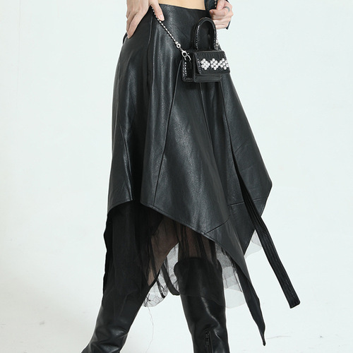 Retro dark style irregular skirt spring new PU leather mesh mesh high waist a line mid-length skirt trendy