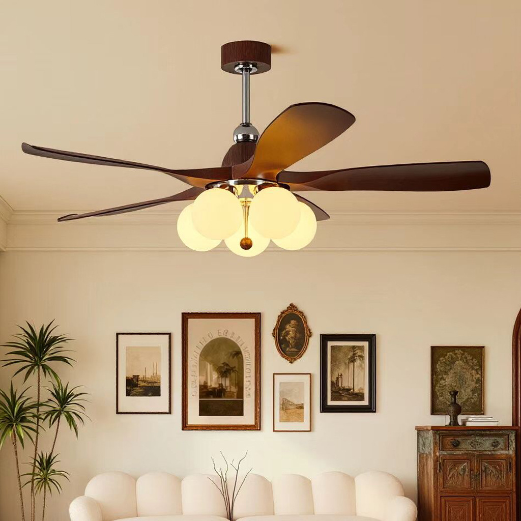 Medieval Style Living Room Fan Lamp, Walnut Color, Retro Creative Dining Room Ceiling Fan Lamp, Bedroom Eye-Protecting Flower-Shaped Fan Lamp