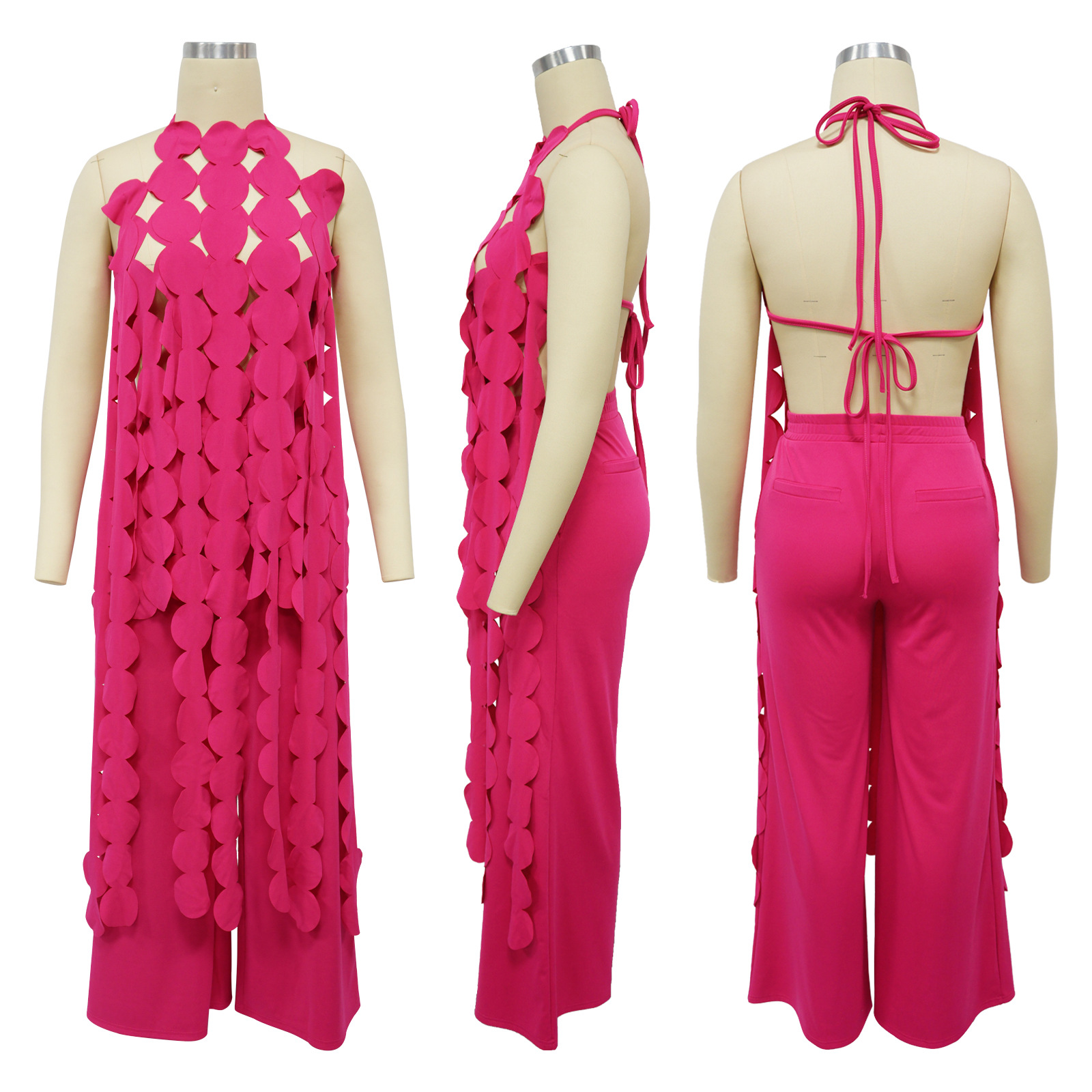 591g Weight Sleeveless Sleeve Length Spandex, Polyester Fabric Type Pant Co-ord Set Sets Type 2 Pieces Set Quantity Holiday, Street Occasion Halter Neck Neckline Loose Fit Type Solid Color Pattern Summer Season Women's Gender Backless Design Sexy, Streetwear Style Holiday Street Women's Sexy Streetwear Solid Color Spandex Polyester Backless Pant Co-ord Set Pants Sets 36