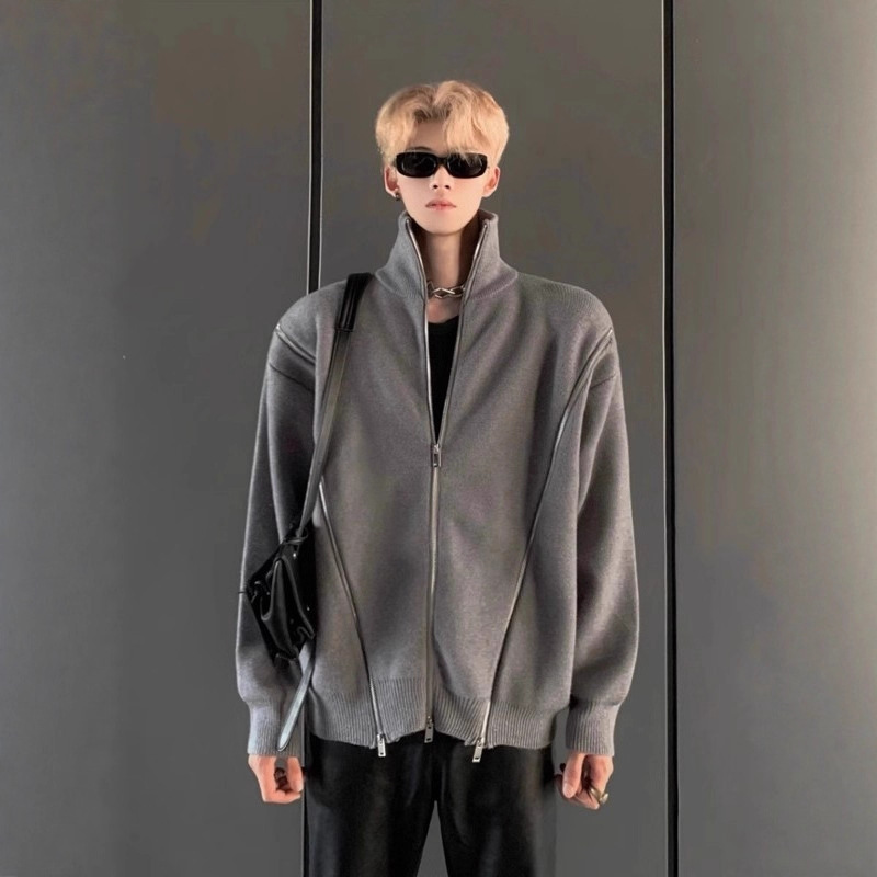 Autumn and Winter Korean Fashion Item Three-Zipper Designer Sweater Men's Stand-Up Collar Warm Pure Color Knitted Cardigan Jacket for Men