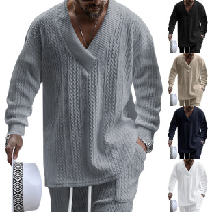 2023 autumn cross-border casual jacquard sweater men's autumn loose long-sleeved T-shirt men's V-neck pullover jacquard top