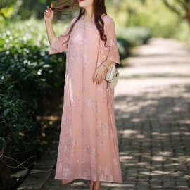 中长款苎麻连衣裙女2025夏季新款文艺休闲连件套国风长裙女