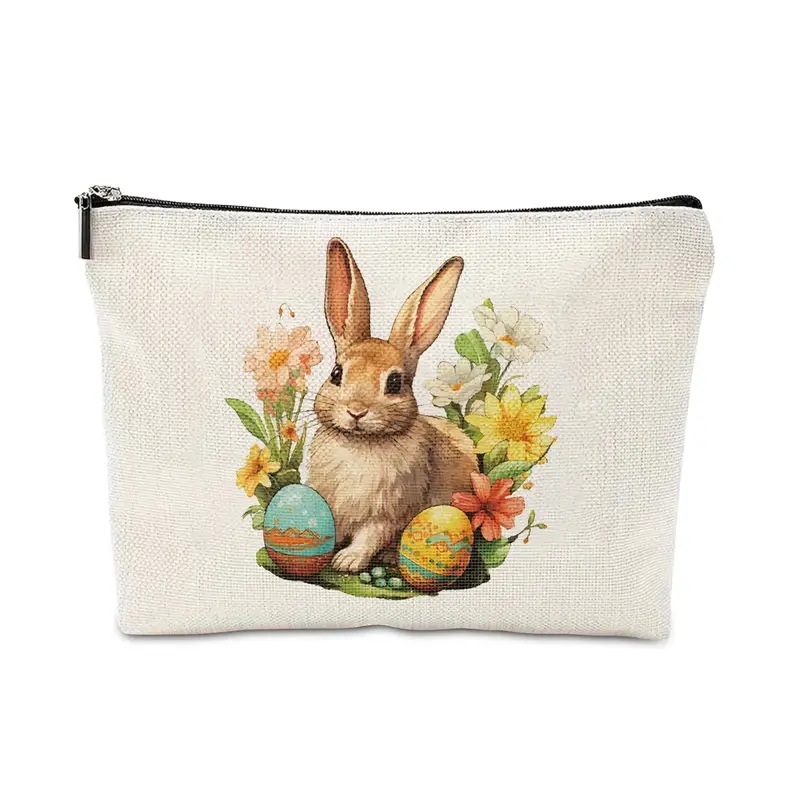 Transfronterizo Amazon Temu popular patrón de Pascua de lino de doble cara de impresión bolsa de cosméticos bolsa de cremallera para las mujeres