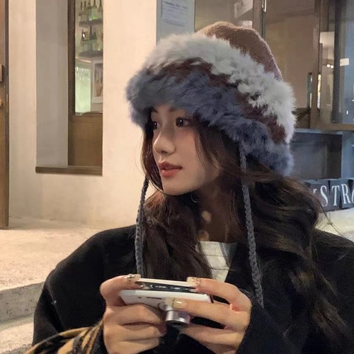 Rabbit fur knitted hat autumn and winter spliced ​​warm woolen hat Korean version of ins sweet and cute plush ear protection cap