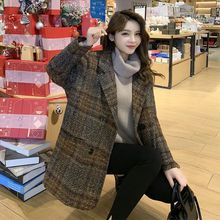 格子西装外套女大码胖mm遮肉中长款韩版宽松秋冬2025新款毛呢大衣
