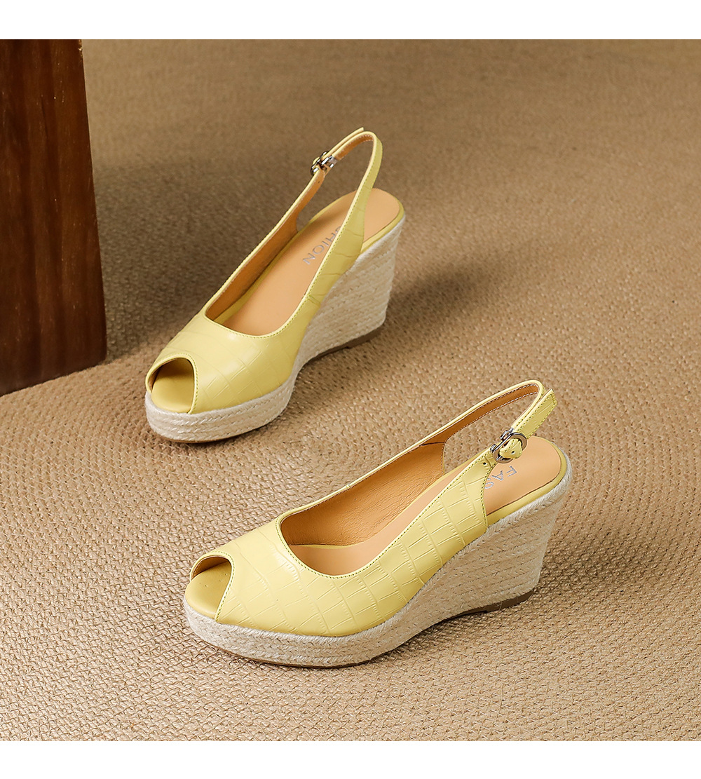 Sandal cao gót nữ hở mũi quai ngang đế xuồng đan rơm — màu trắng ngà, màu vàng chi tiết 15