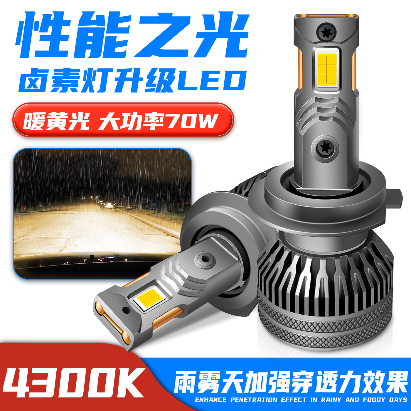 4300k暖黄光led车灯70W大功率双铜管汽车led大灯黄光12V24VH7H1H4