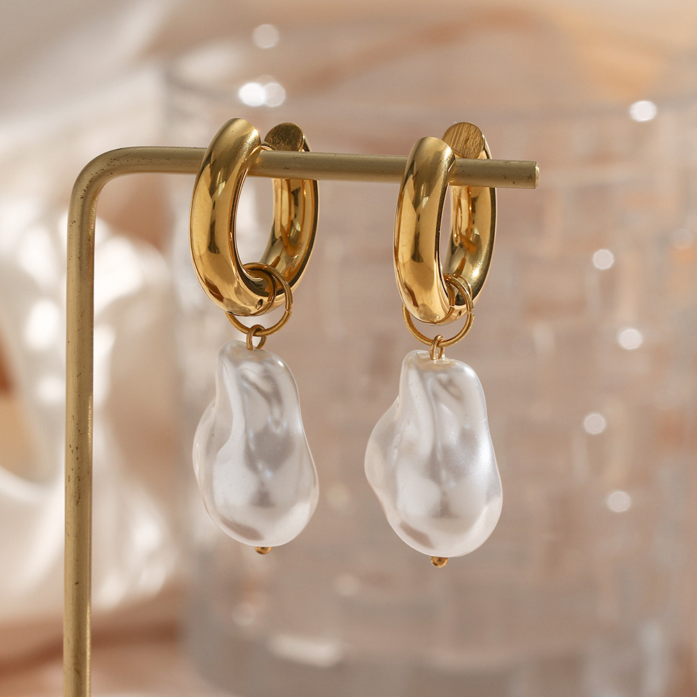 18K Gold Plated Plating Material Earrings Classification PVD Coated Real Gold Plated 18K Gold Irregular Water Droplets 304 Stainless Steel Imitation Pearl Retro Waterproof Non Tarnish Earrings