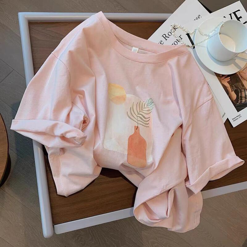 Apricot Oil Painting Print Modal Short-Sleeved T-Shirt for Women 2026 Summer New Korean Style Loose Simple Half-Sleeved T-Shirt
