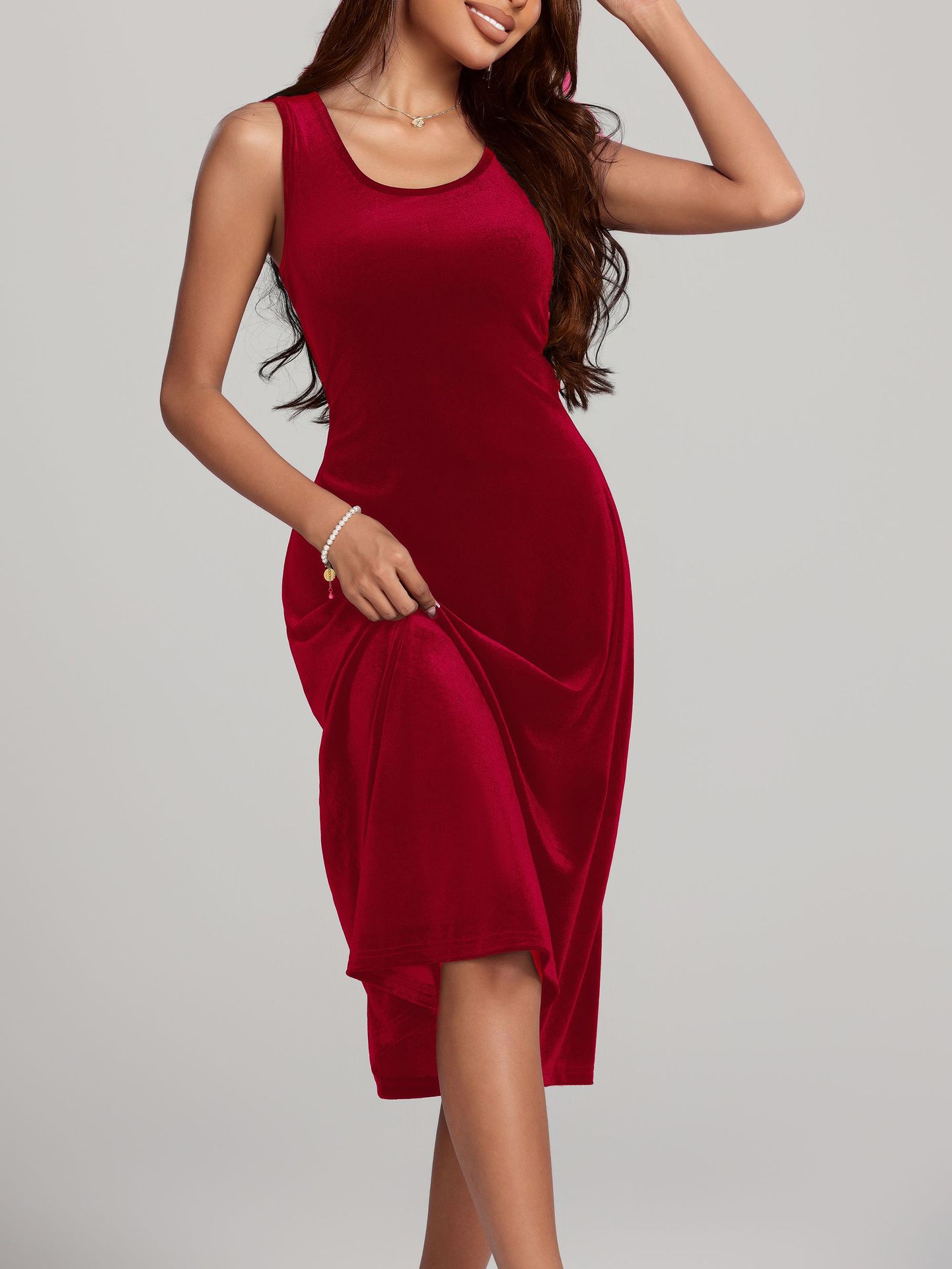 Autumn Winter Mid Length Sexy Slimming High Sense Pleuche Dress Women Dress
