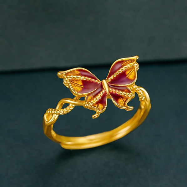 National Tide Palace Style Filament Butterfly Pendant Dream Butterfly Set Gold Enamel Color Ring_voghion.com
