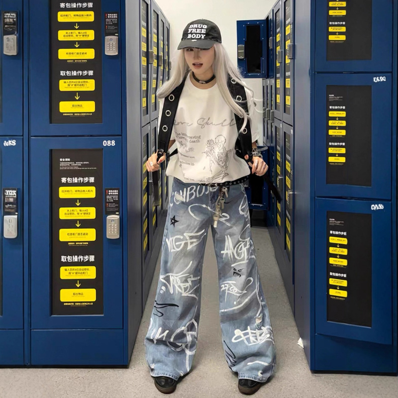 Nautical Graffiti Wide-Leg Jeans for Men and Women Spring Foreign Trade New High-Waist Draped High Street Fashion Brand Printed Loose Casual