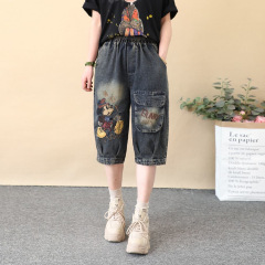 レターポケット刺繍デニム七分パンツ女性用 2025 夏薄手ゆったり大きいサイズストレートレッグレギンス七分パンツ