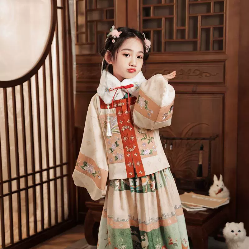 Ханьфу для девочек, осенне-зимняя утолщенная Новогодняя одежда в китайском стиле для девочек, красная Новогодняя одежда, детский костюм Тан, старинный костюм, меховой воротник