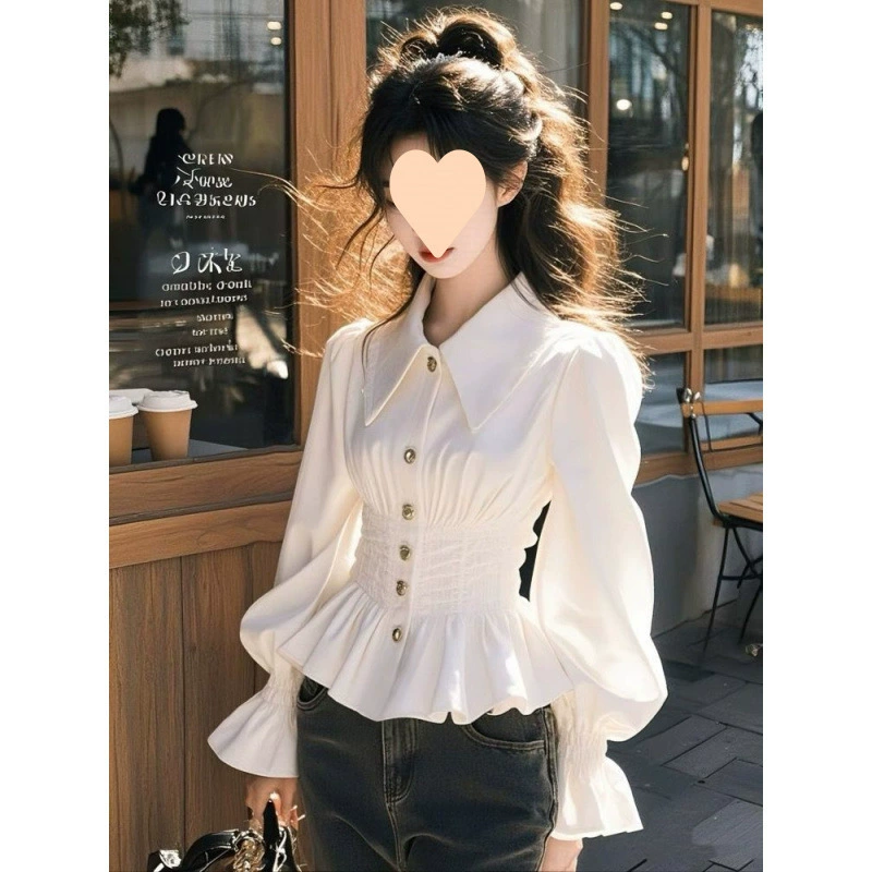 Сладкая и нежная белая высококачественная рубашка с длинными рукавами, женская весенне-осенняя модная рубашка с французской талией для похудения
