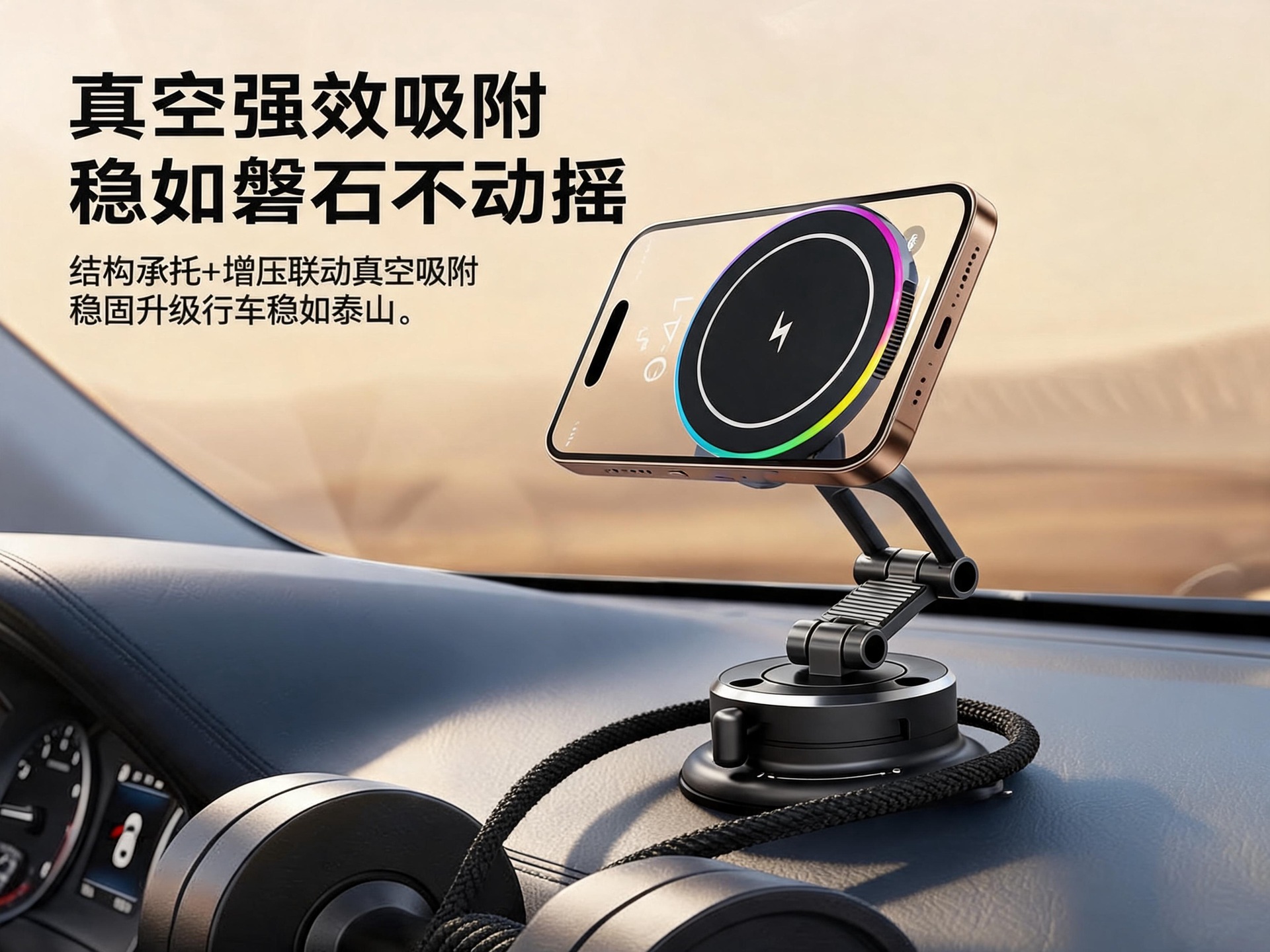 15W wireless charging car magnetic phone holder with vacuum suction, rotating car navigation stand for the center console