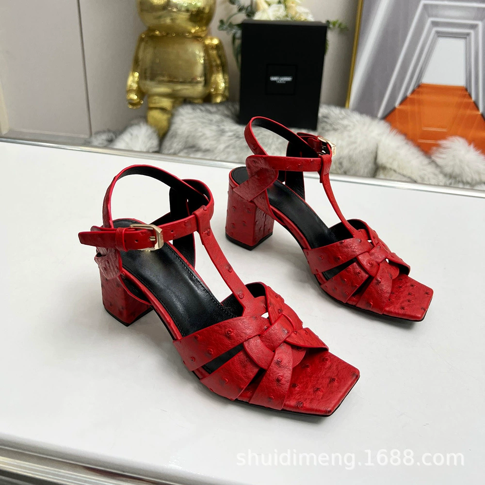 [Sandals Slides 2025高跟女凉鞋粗跟YS字母L方头鸵鸟纹大码高品质]